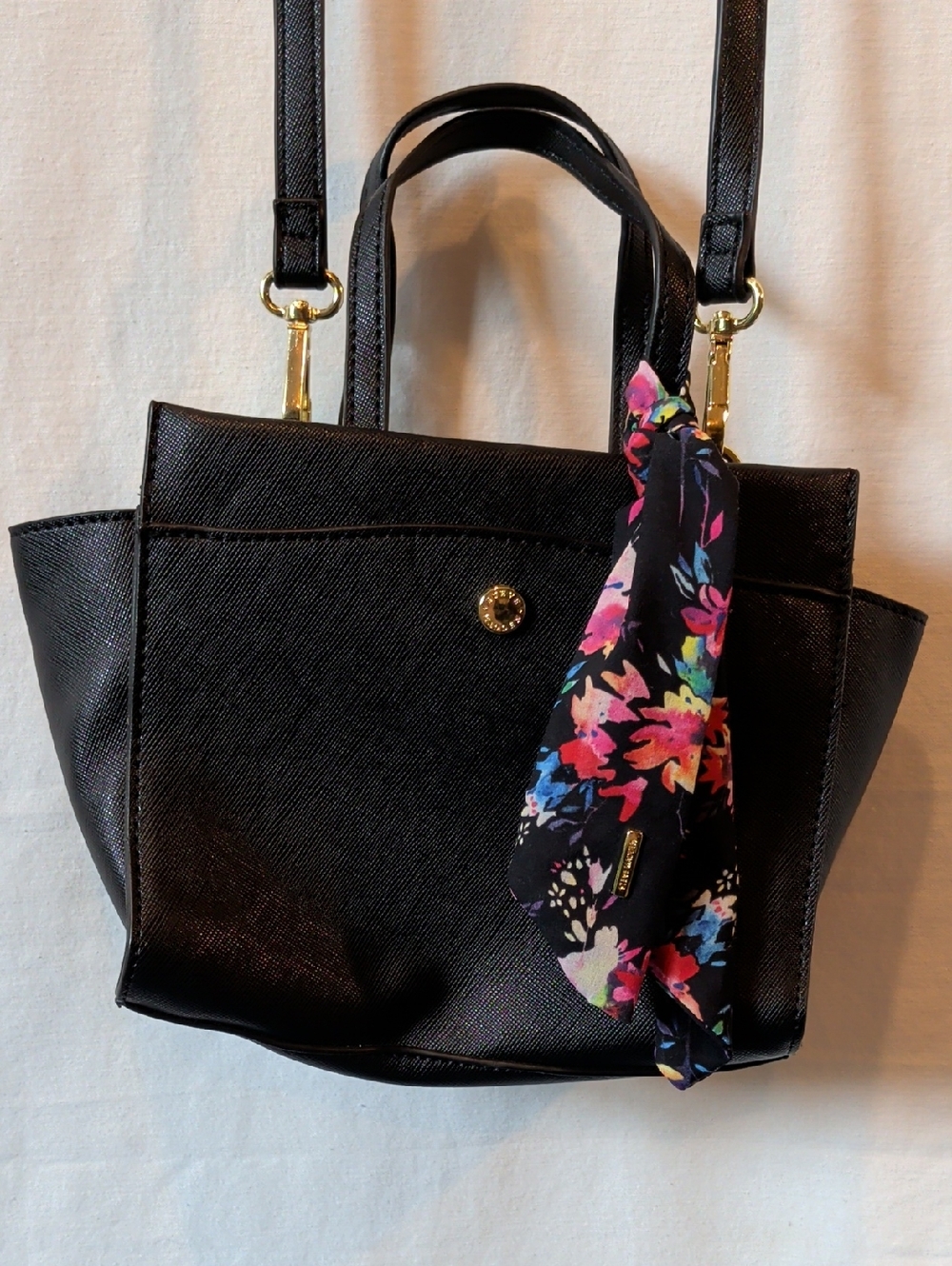 Steve Madden Classic Black Hand Bag with Floral Scarf Accent